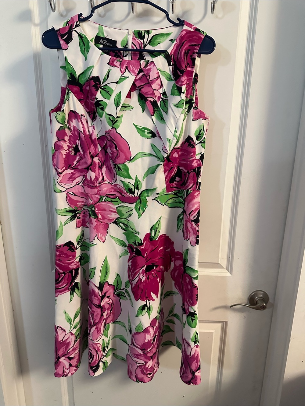 AGB White Dress with Bold Pink Floral & Green Leaves